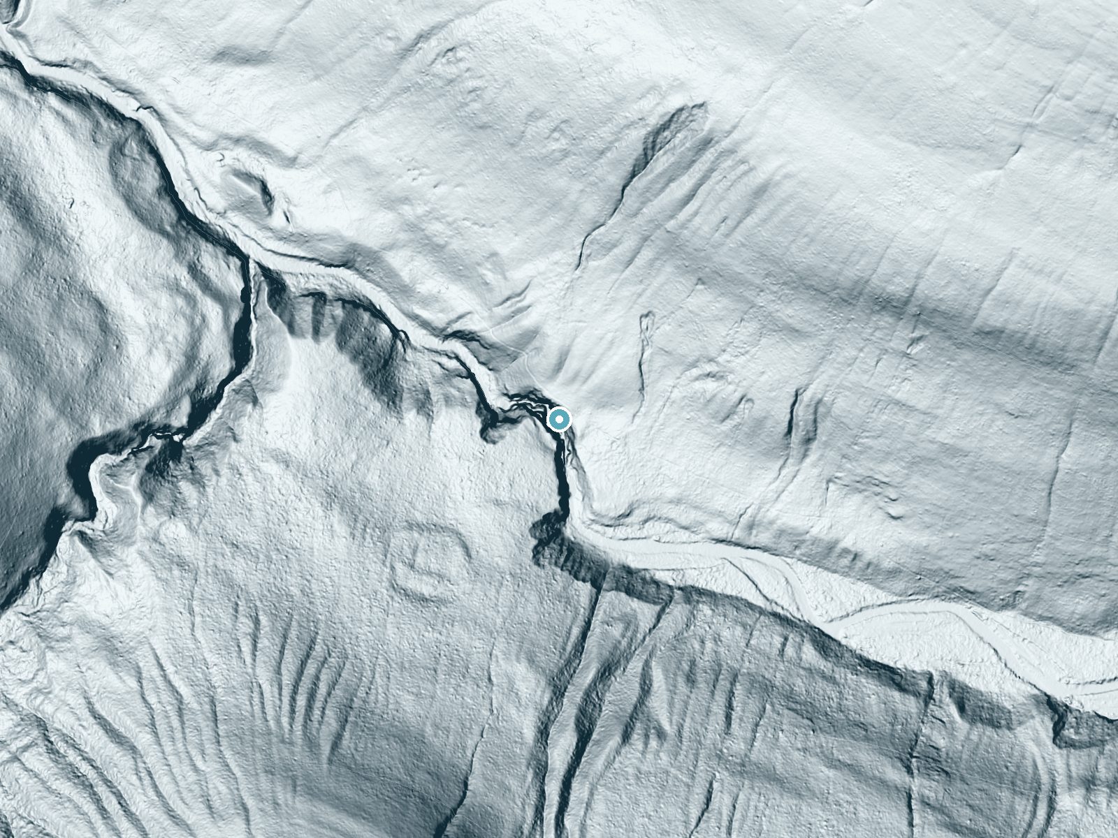LiDAR bare-earth terrain around Dean Falls near Swan Lake, Montana, showing about 186 feet of drop, a steep tiered drop, facing west