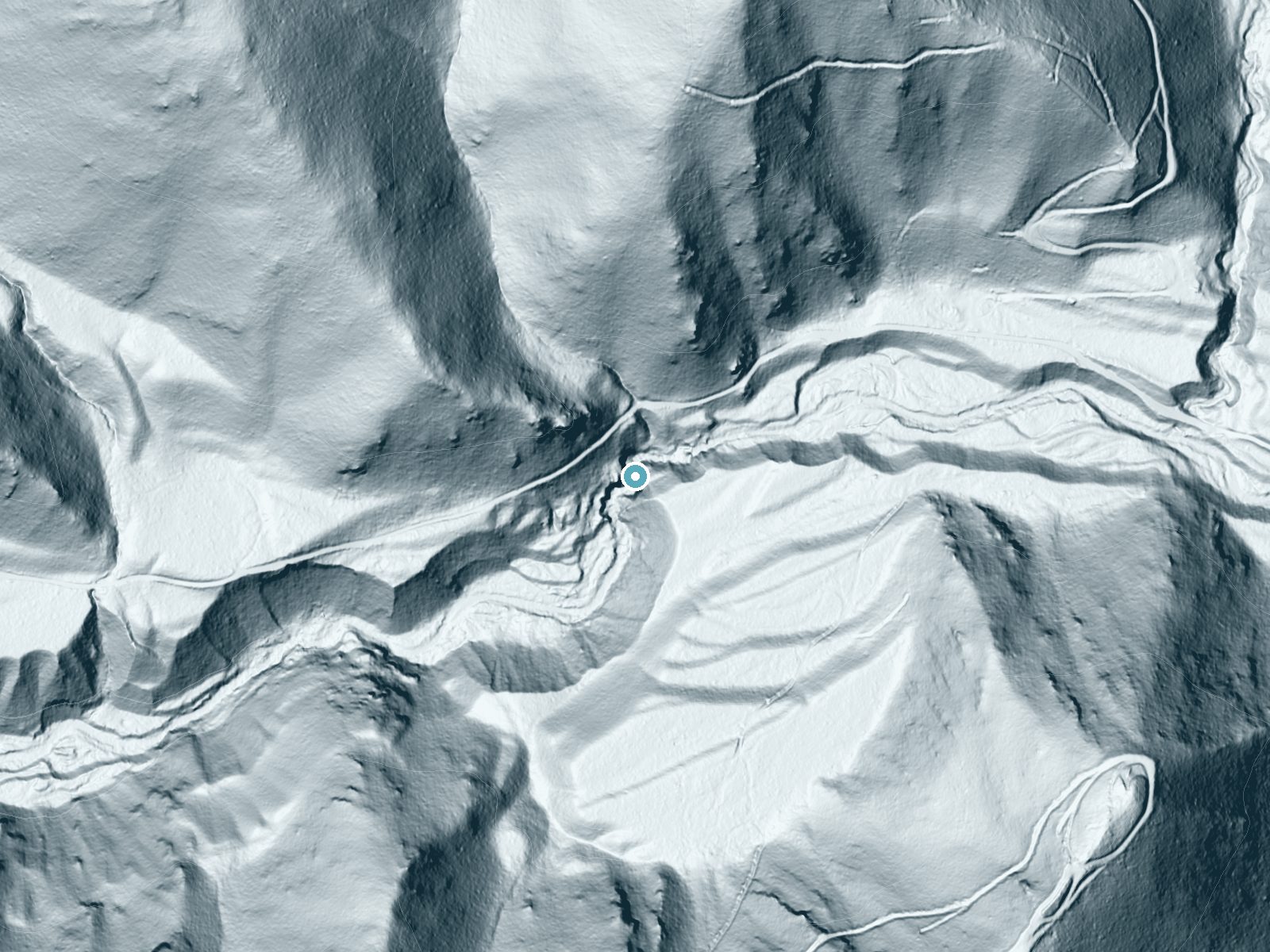 LiDAR bare-earth terrain around Vermilion Falls near Trout Creek, Montana, showing about 172 feet of drop, a steep tiered drop, facing south
