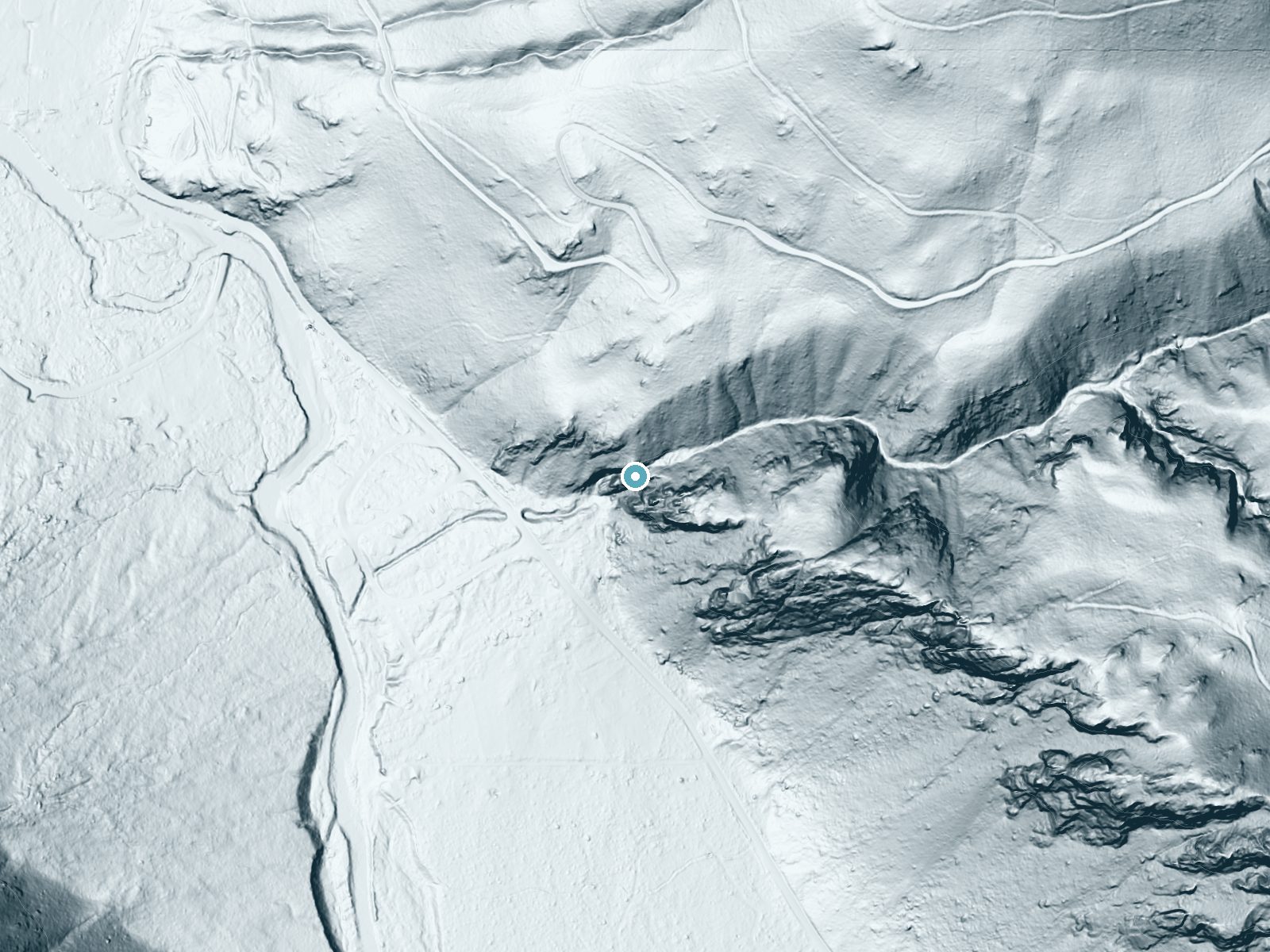 LiDAR bare-earth terrain around Preston Falls near Manson, Washington, showing about 379 feet of drop, a steep tiered drop, facing southwest