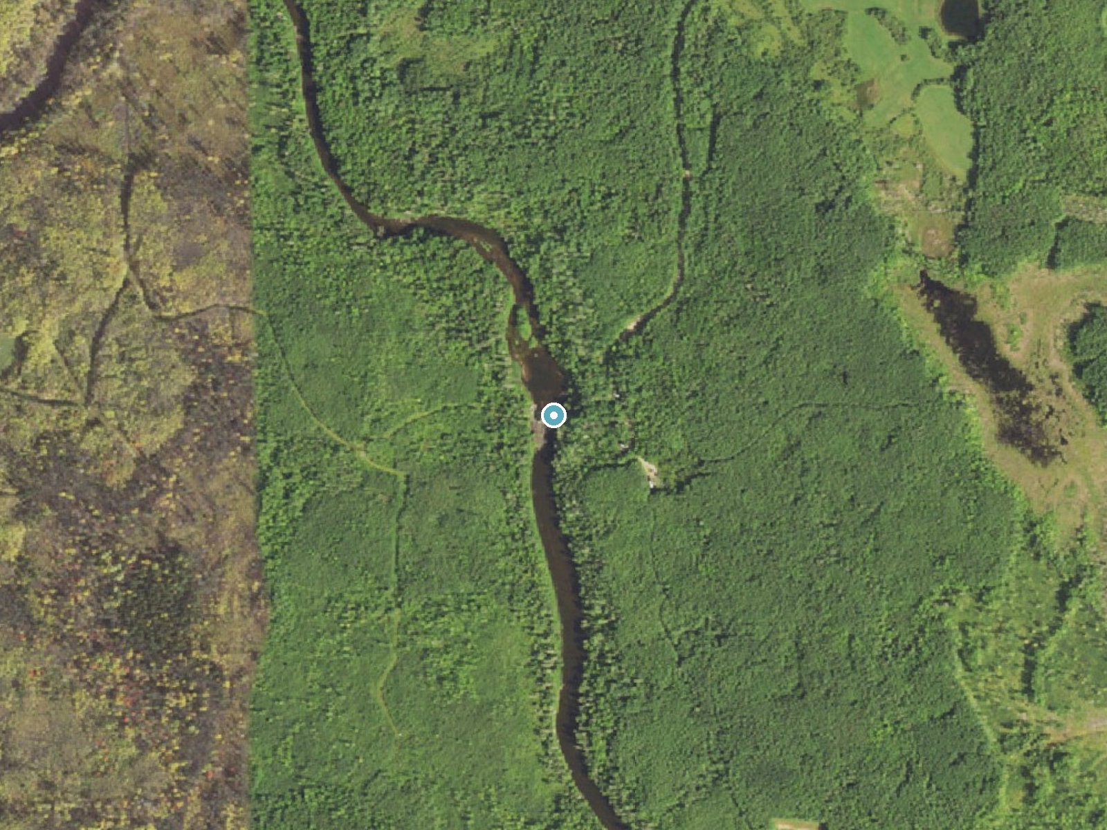 Aerial photo of the same ground around Little American Falls near Effie, Minnesota, for comparison with the lidar view