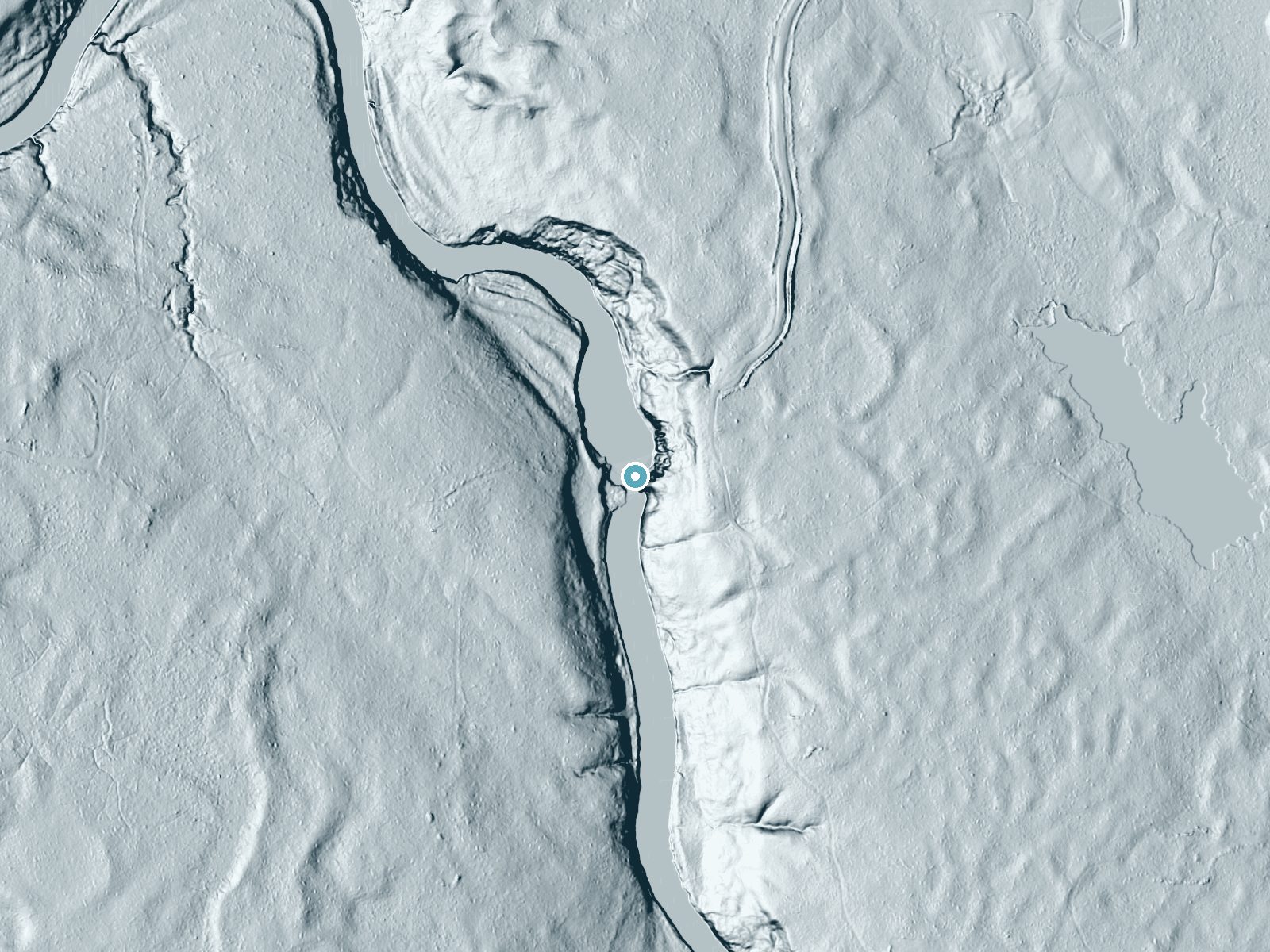 LiDAR bare-earth terrain around Little American Falls near Effie, Minnesota, showing about 57 feet of drop, a steep tiered drop, facing west