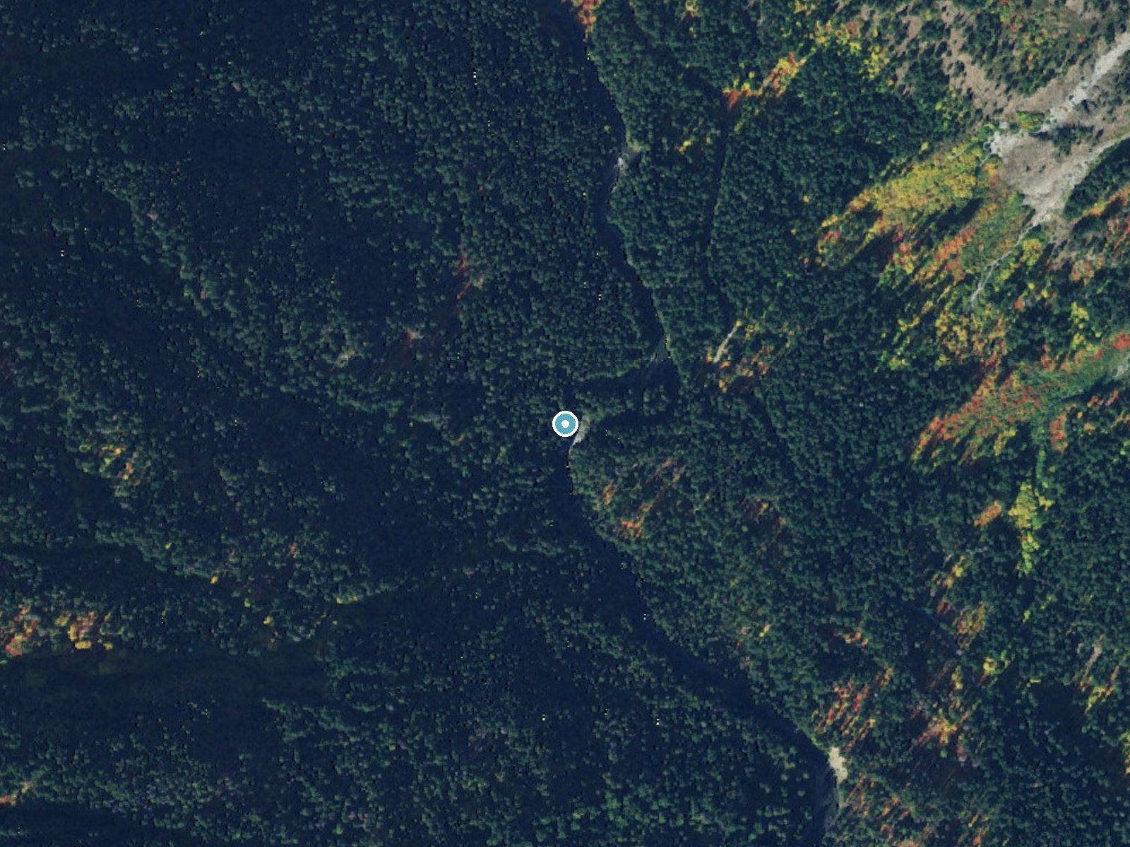 Aerial photo of the same ground around White River Falls near Leavenworth, Washington, for comparison with the lidar view