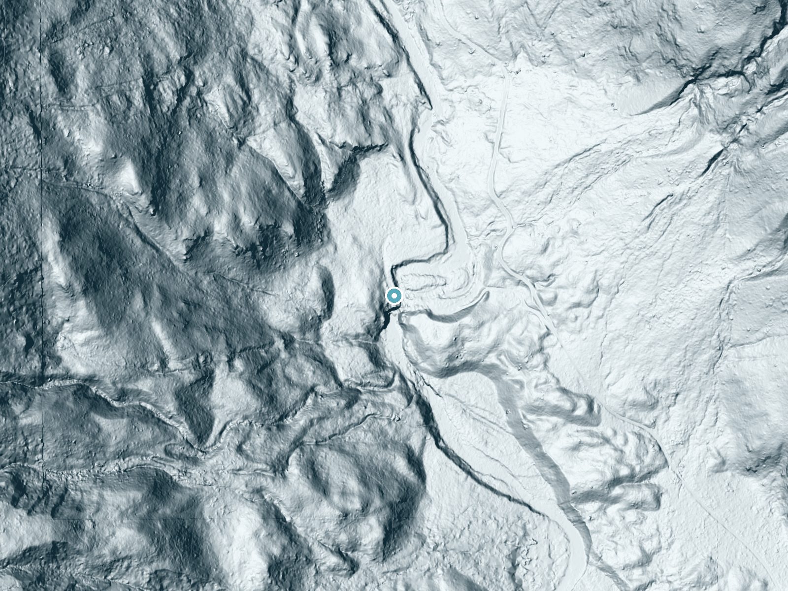 LiDAR bare-earth terrain around White River Falls near Leavenworth, Washington, showing about 113 feet of drop, a long cascade, facing southeast