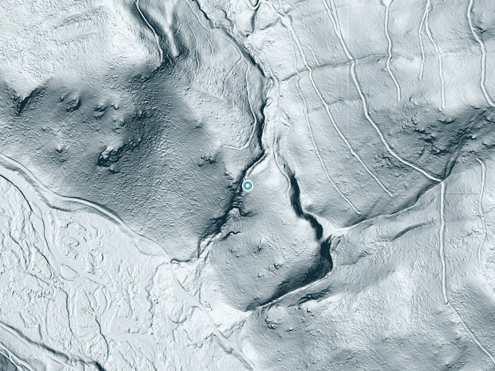 LiDAR bare-earth terrain around Silver Falls near Manson, Washington, showing about 271 feet of drop, a steep tiered drop, facing southwest