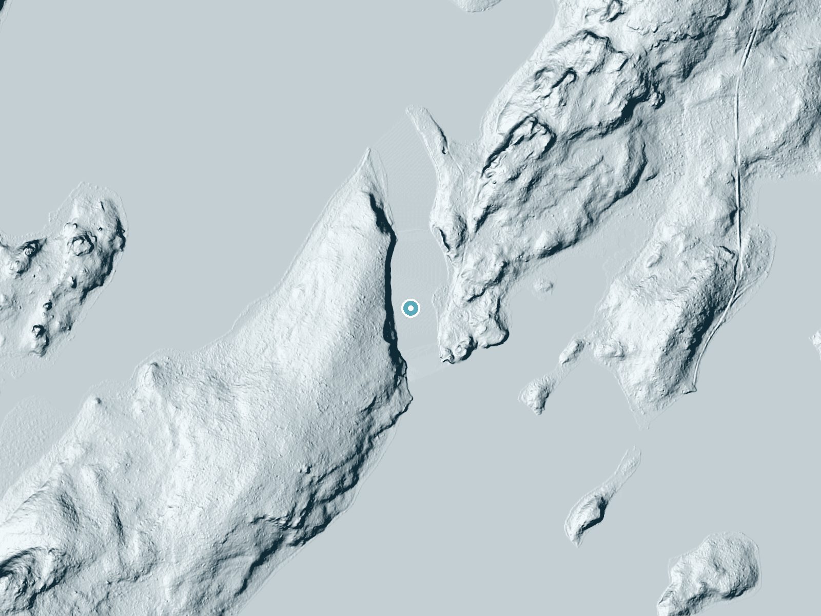 LiDAR bare-earth terrain around Newton Falls near Winton, Minnesota, showing about 33 feet of drop, a long cascade, facing east