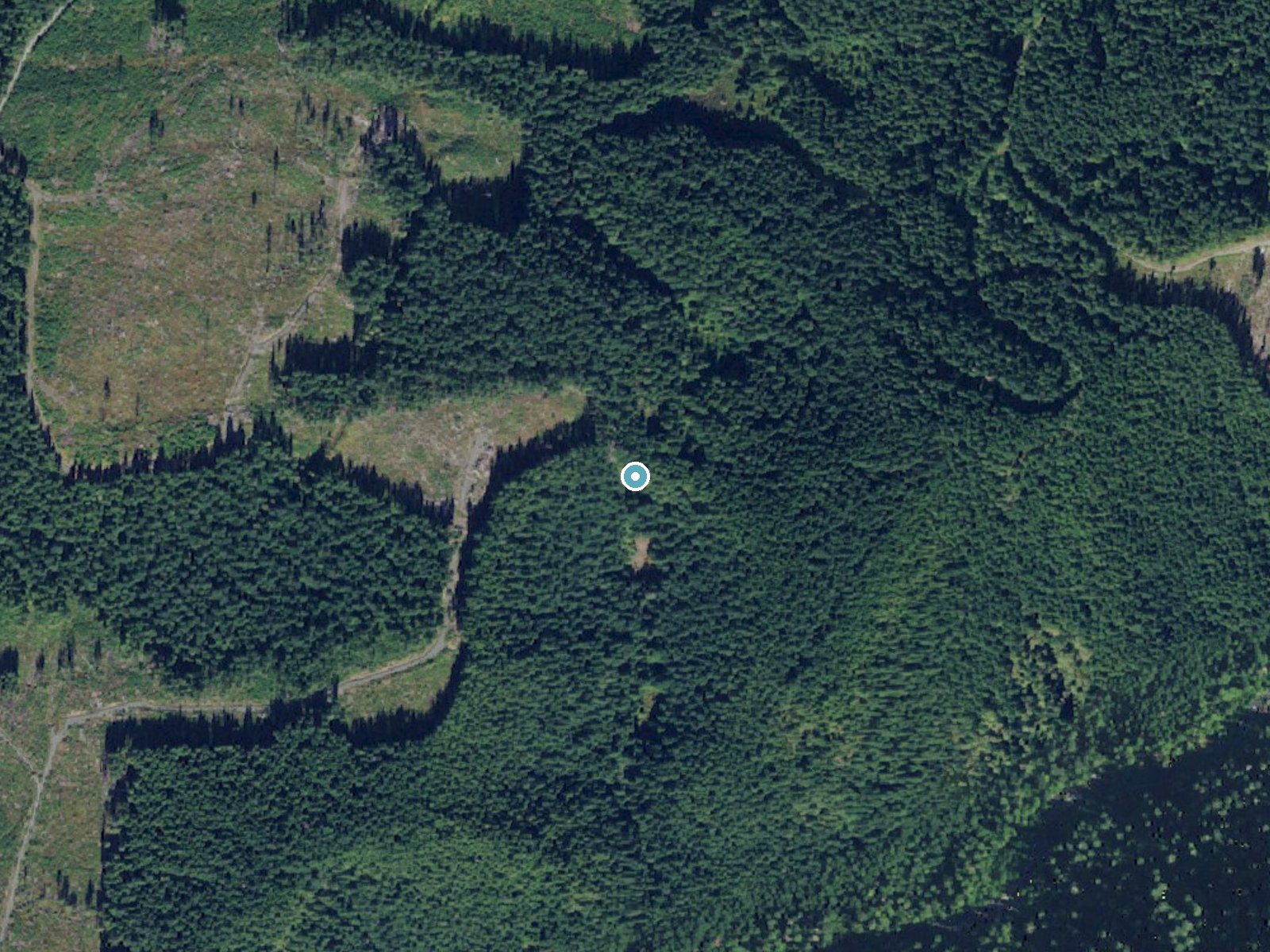 Aerial photo of the same ground around Mary Pamela Falls near Lake Roesiger, Washington, for comparison with the lidar view