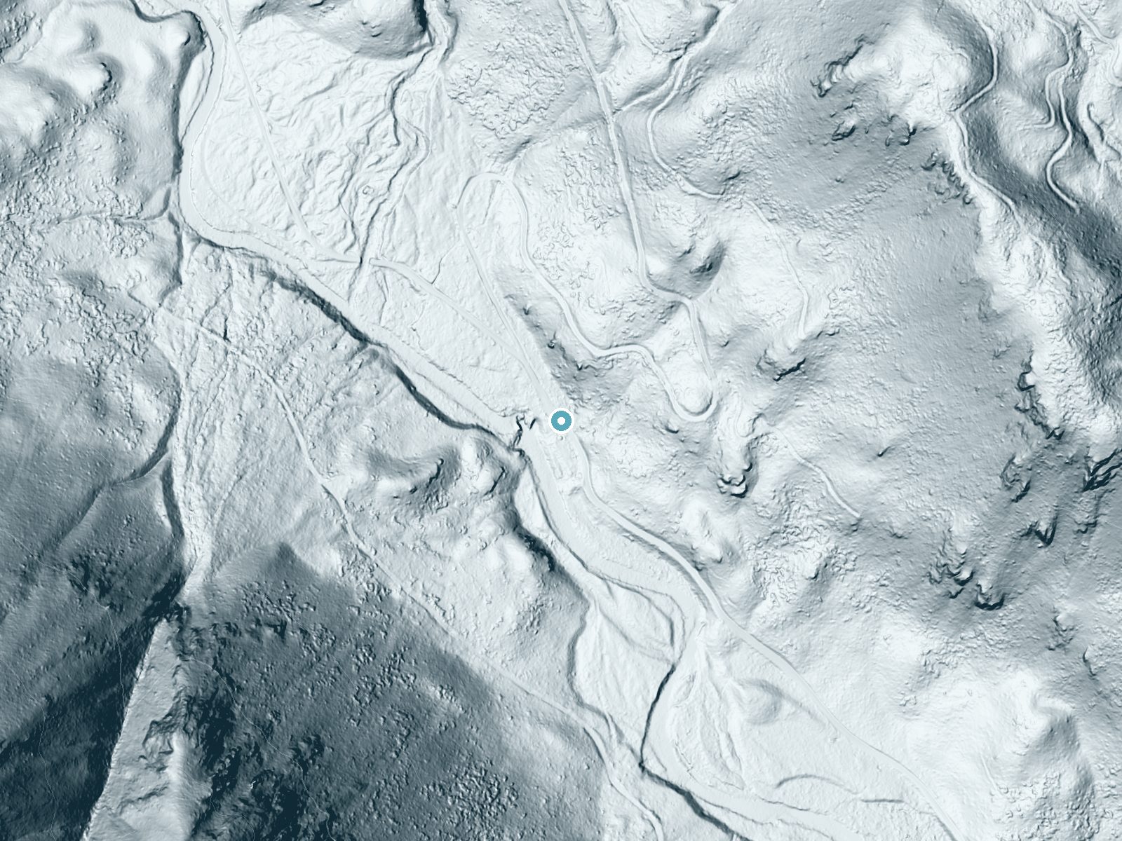 LiDAR bare-earth terrain around Entiat Falls near Manson, Washington, showing about 127 feet of drop, a steep tiered drop, facing southwest