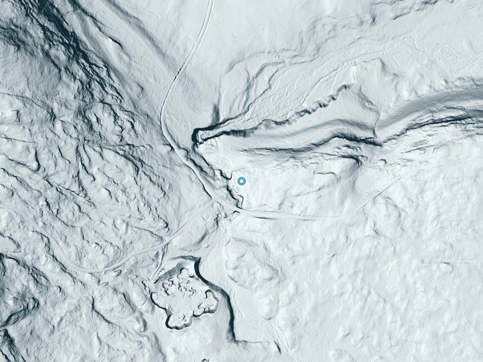 LiDAR bare-earth terrain around Portage Falls near Grand Marais, Minnesota, showing about 71 feet of drop, a long cascade, facing northwest