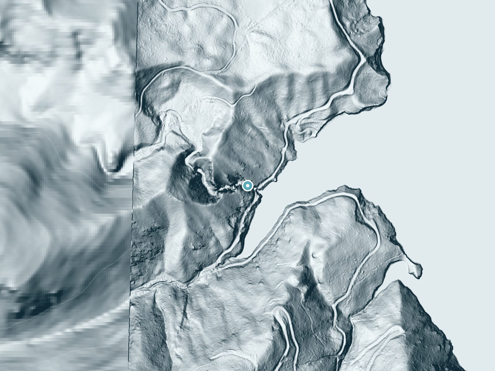 LiDAR bare-earth terrain around Ninemile Falls near Twin Lakes, Washington, showing about 201 feet of drop, a steep tiered drop, facing southeast