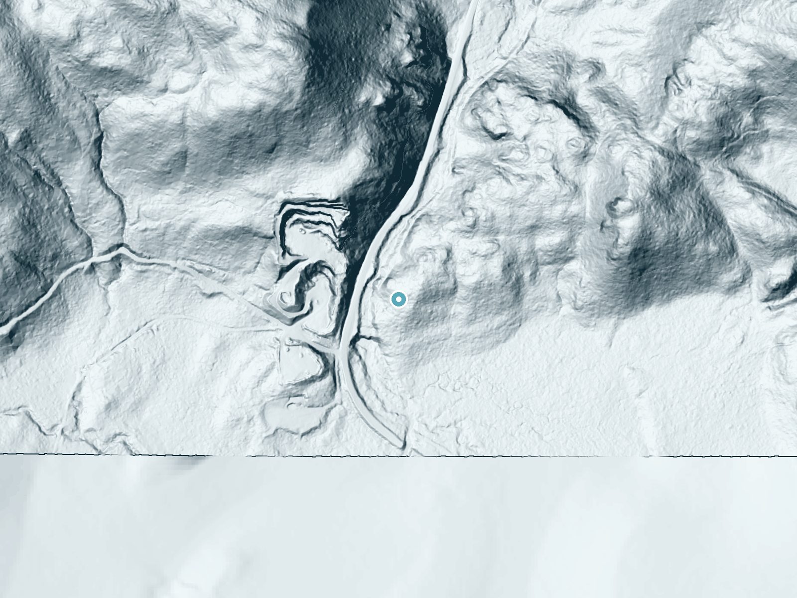 LiDAR bare-earth terrain around Beaver Falls near Clallam Bay, Washington, showing about 133 feet of drop, a long cascade, facing southwest