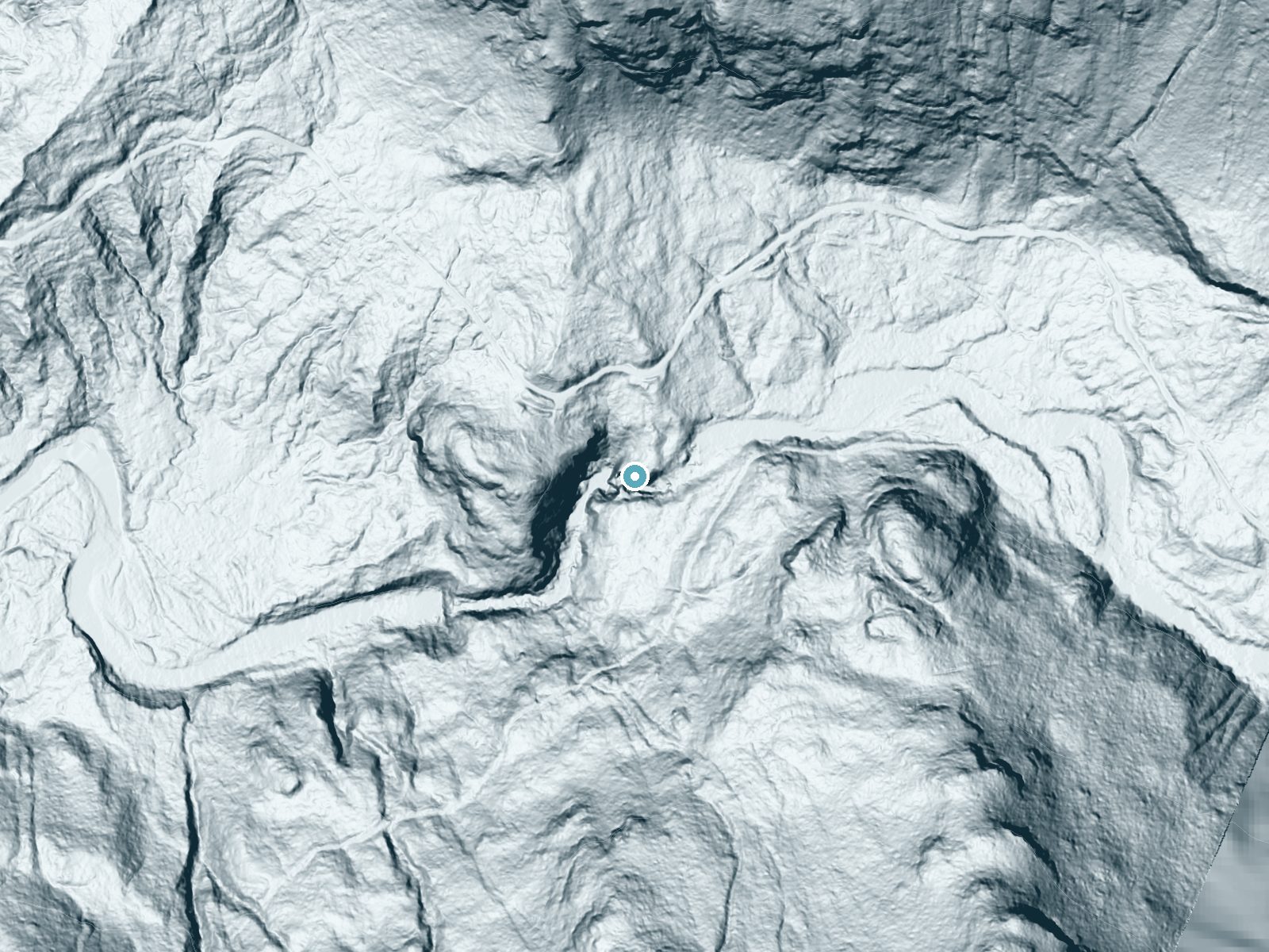 LiDAR bare-earth terrain around North Fork Falls near Verlot, Washington, showing about 168 feet of drop, a steep tiered drop, facing southwest