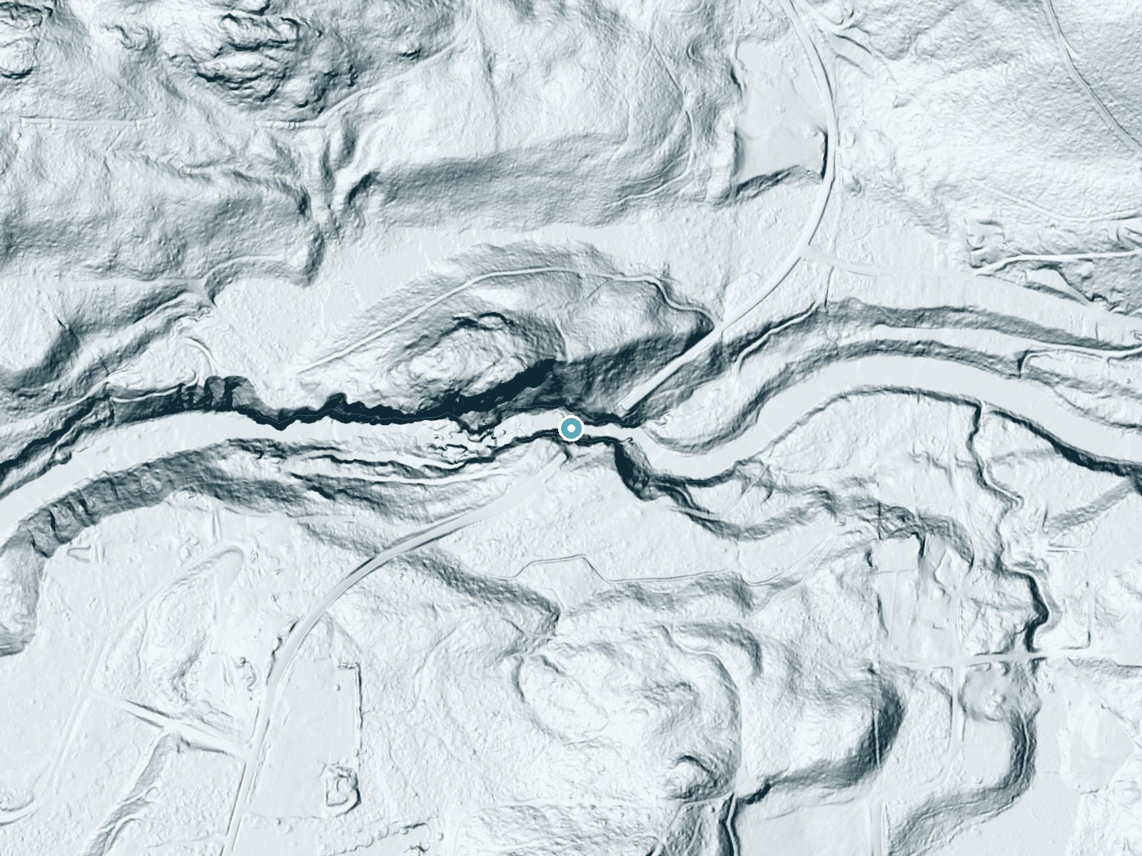 LiDAR bare-earth terrain around Granite Falls near Granite Falls, Washington, showing about 197 feet of drop, a steep tiered drop, facing southwest