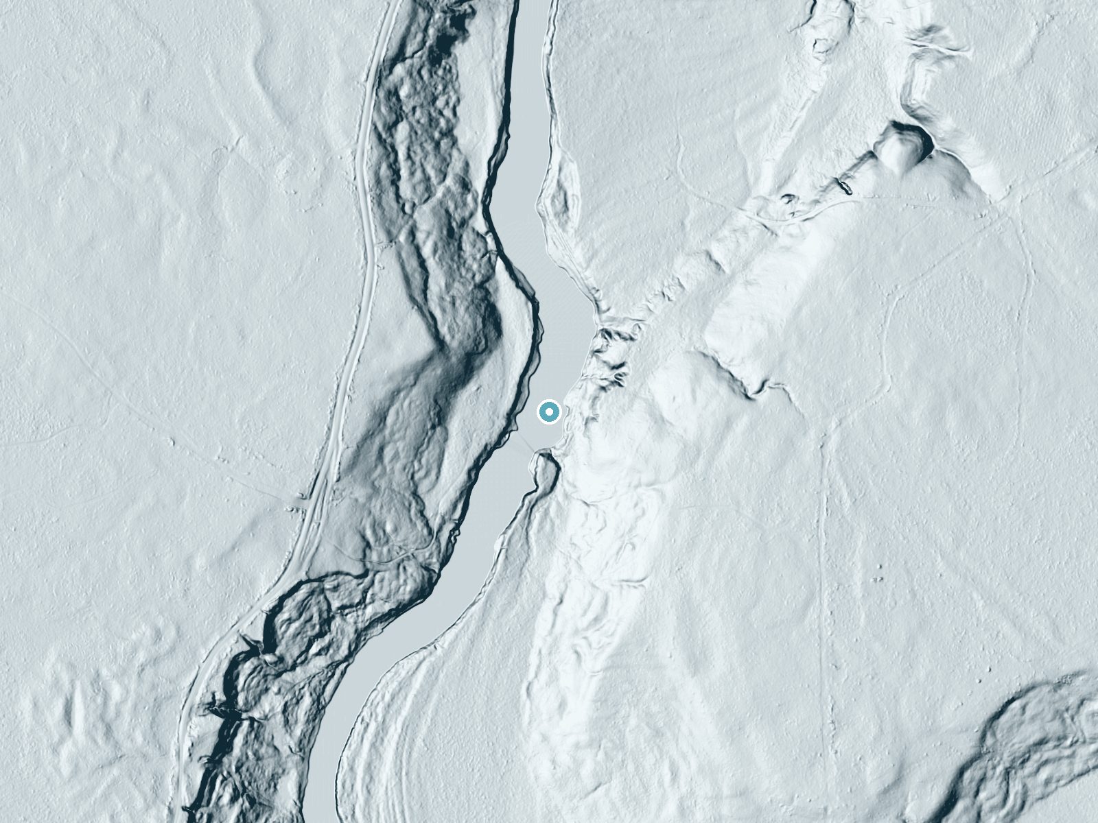 LiDAR bare-earth terrain around Deadmans Rapids near Littlefork, Minnesota, showing about 46 feet of drop, a long cascade, facing west