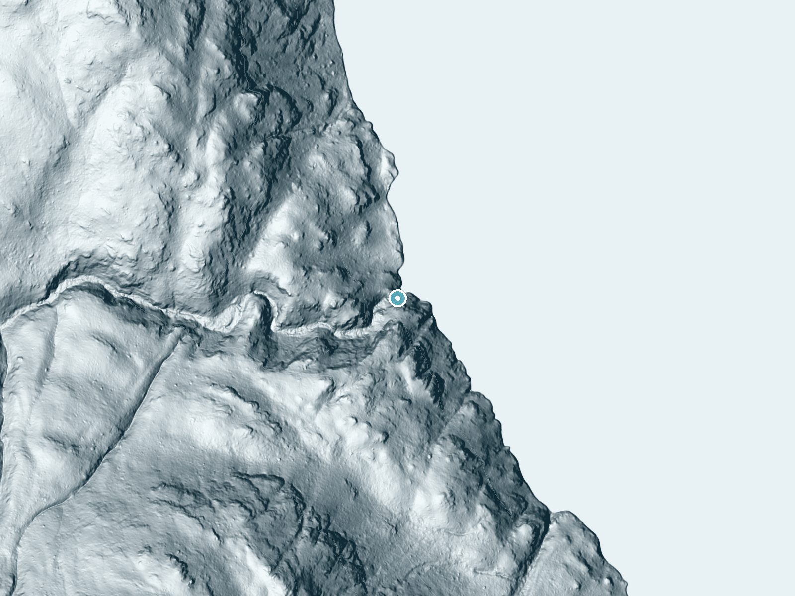 LiDAR bare-earth terrain around Domke Falls near Methow, Washington, showing about 292 feet of drop, a steep tiered drop, facing northeast