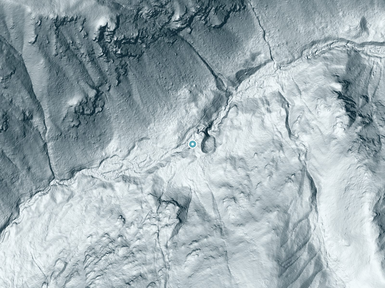 LiDAR bare-earth terrain around Foggy Dew Falls near Methow, Washington, showing about 155 feet of drop, a steep tiered drop, facing north