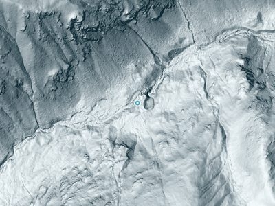 LiDAR terrain view around Foggy Dew Falls in Washington, about 155 feet of drop