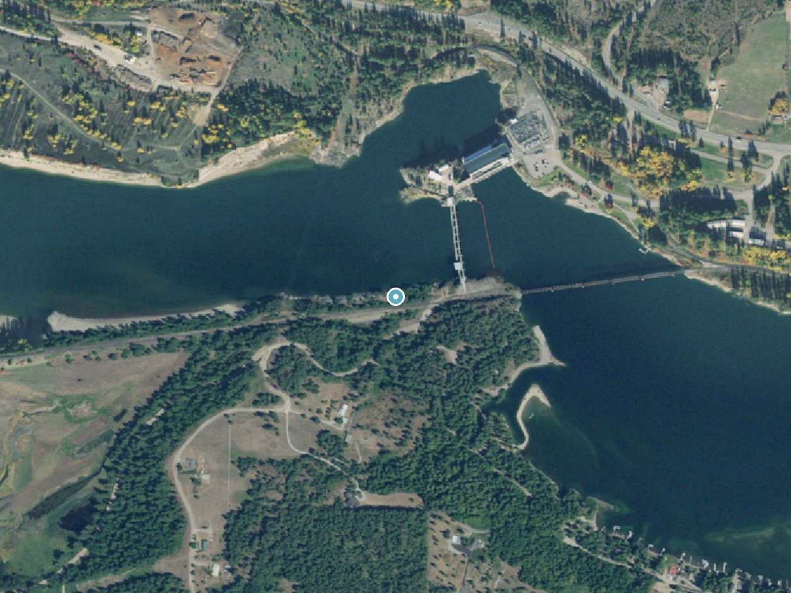 Aerial photo of the same ground around Albeni Falls near Oldtown, Idaho, for comparison with the lidar view