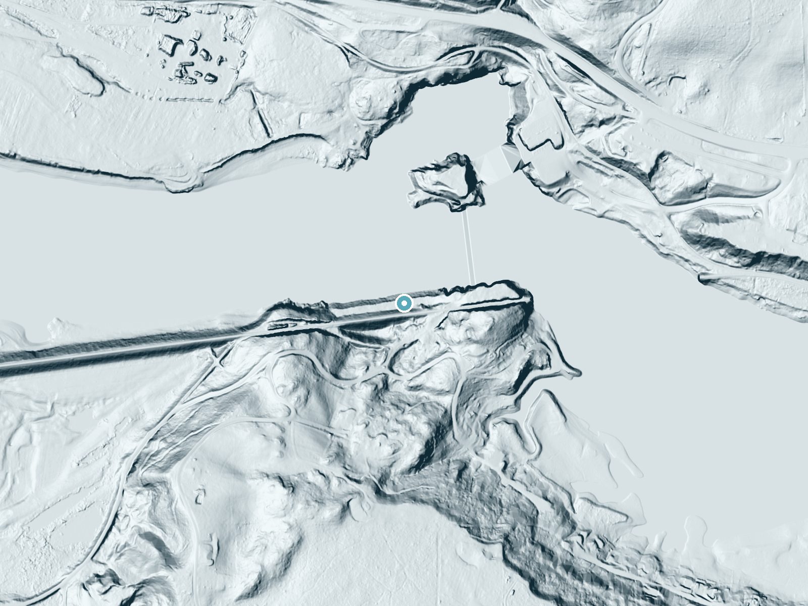 LiDAR bare-earth terrain around Albeni Falls near Oldtown, Idaho, showing about 50 feet of drop, a long cascade, facing north