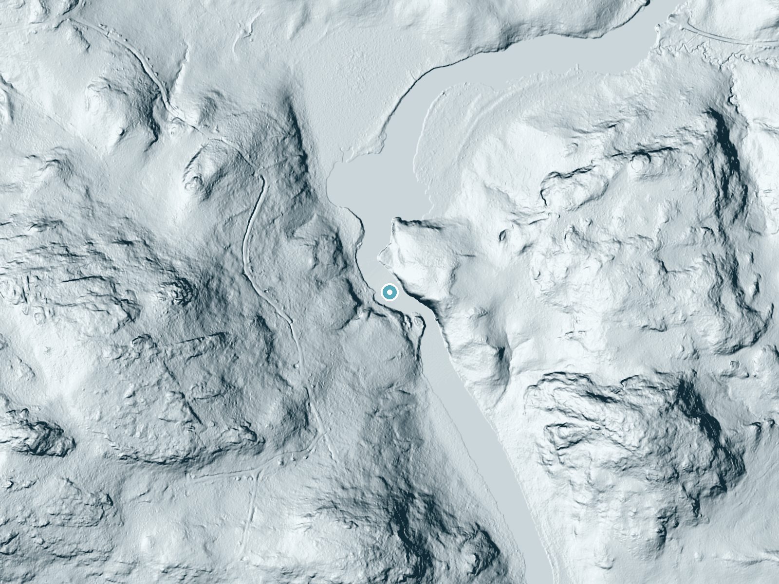 LiDAR bare-earth terrain around Chipmunk Falls near Orr, Minnesota, showing about 51 feet of drop, a long cascade, facing west