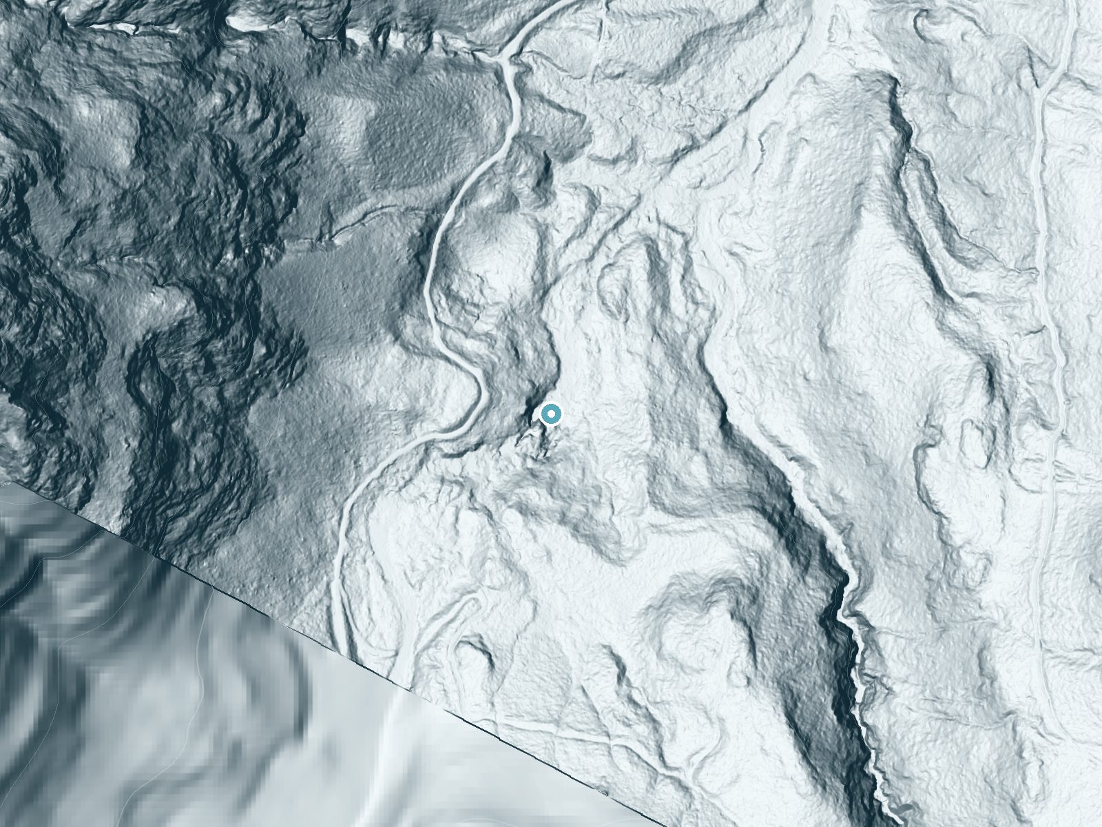 LiDAR bare-earth terrain around Asbestos Falls near Darrington, Washington, showing about 138 feet of drop, a steep tiered drop, facing east