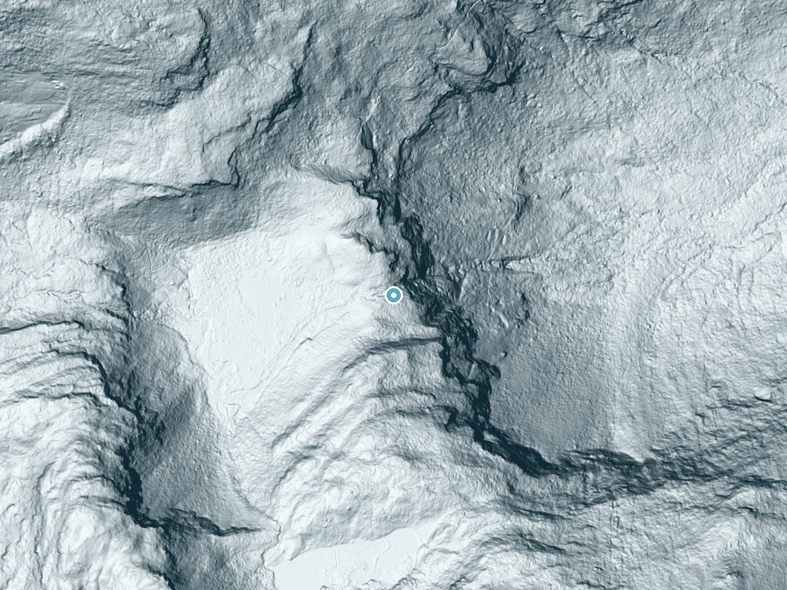 LiDAR bare-earth terrain around Crown Point Falls near Darrington, Washington, showing about 300 feet of drop, a steep tiered drop, facing east