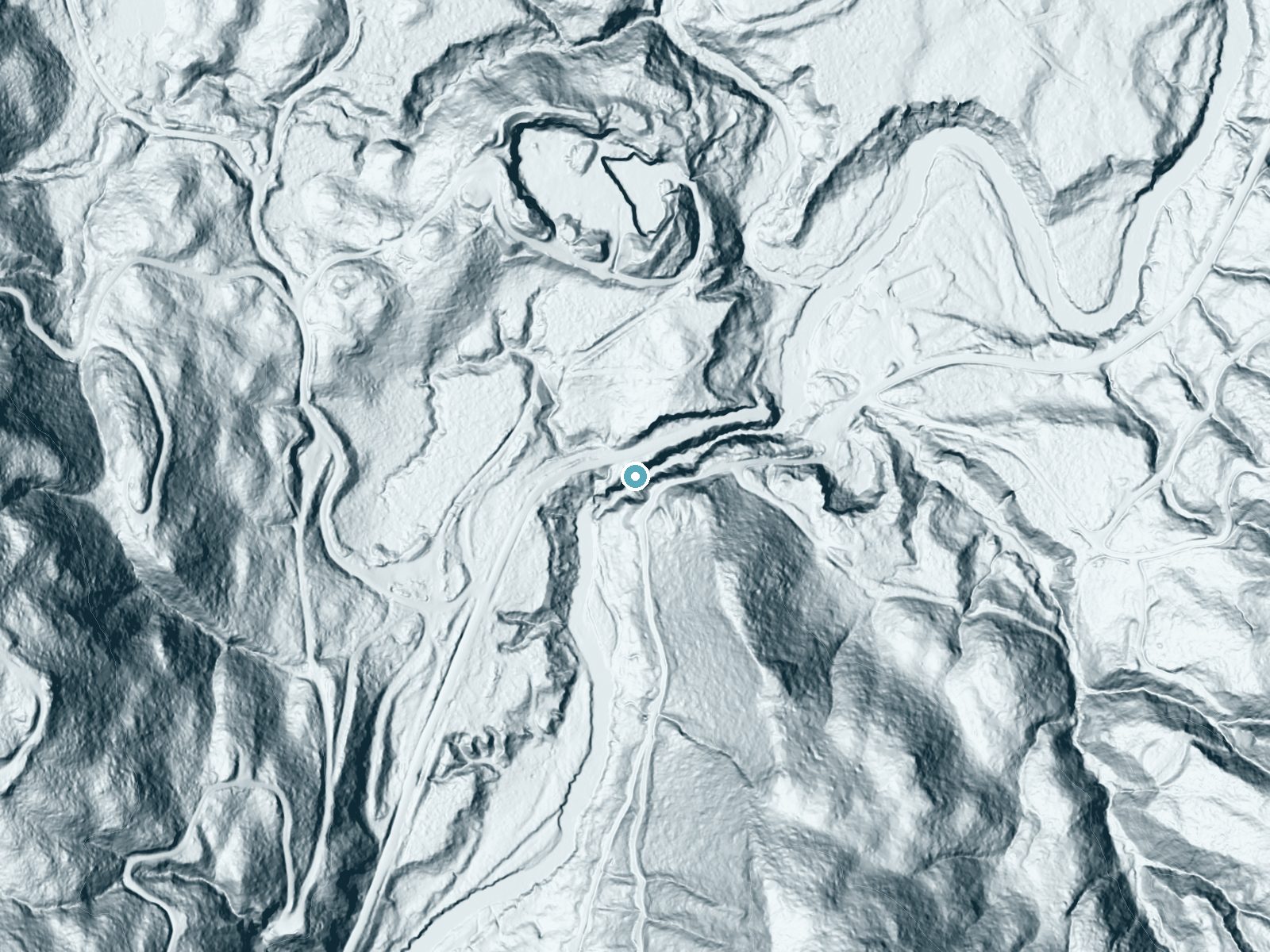 LiDAR bare-earth terrain around Hoko Falls near Sekiu, Washington, showing about 169 feet of drop, a steep tiered drop, facing west
