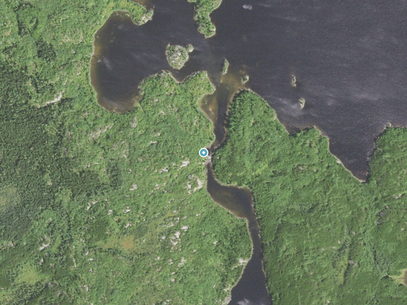 Aerial photo of the same ground around Saganaga Falls near Lutsen, Minnesota, for comparison with the lidar view