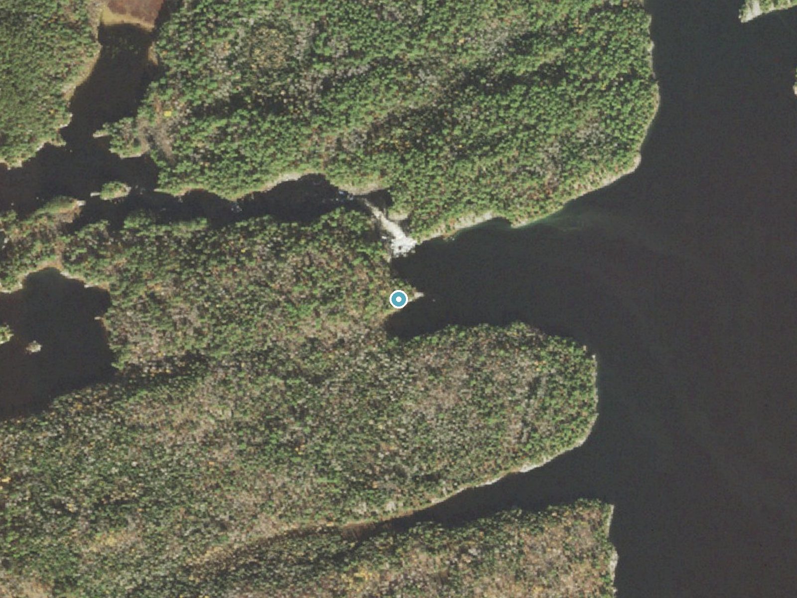 Aerial photo of the same ground around Curtain Falls near Ely, Minnesota, for comparison with the lidar view