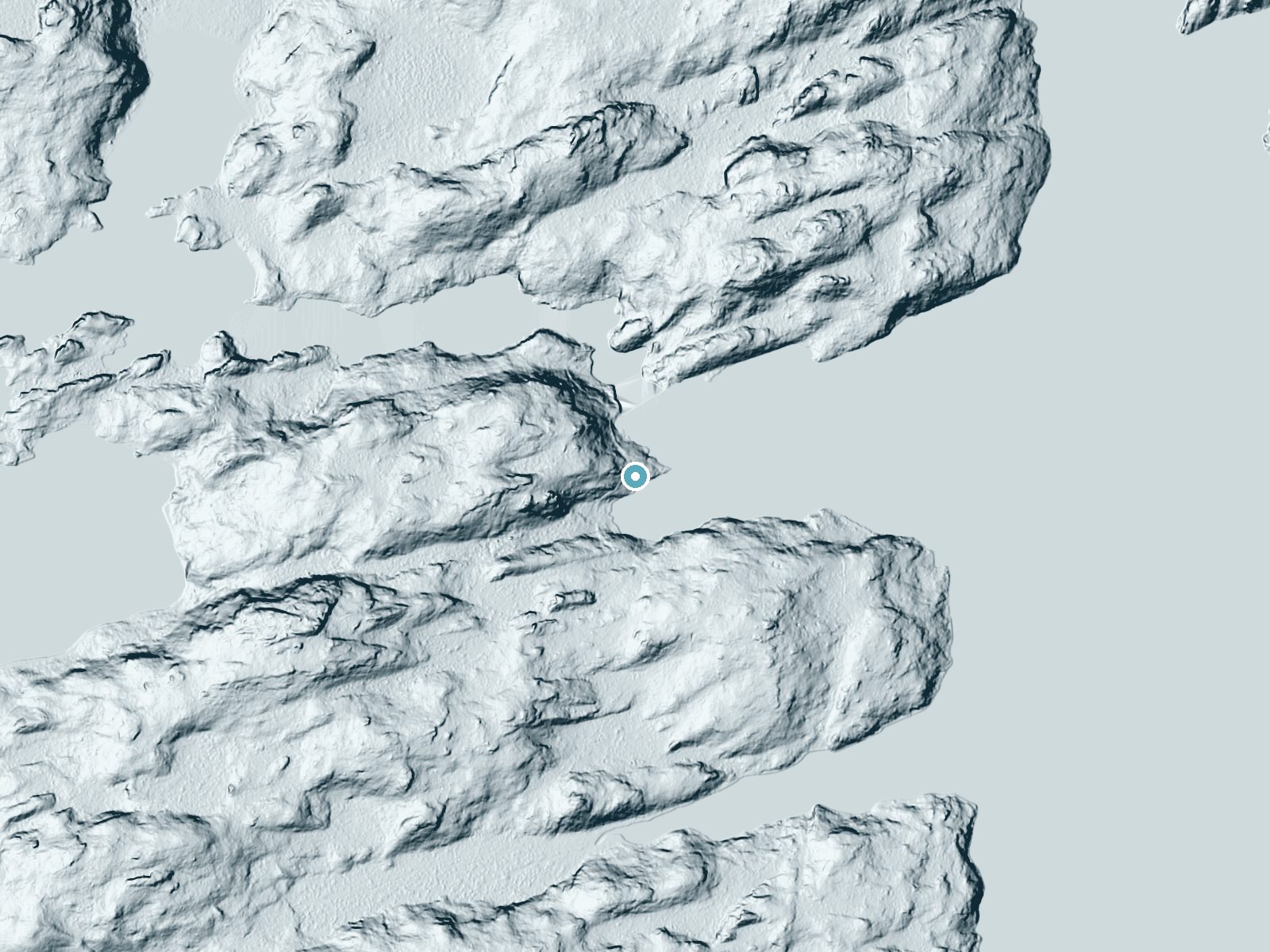 LiDAR bare-earth terrain around Curtain Falls near Ely, Minnesota, showing about 49 feet of drop, a long cascade, facing east