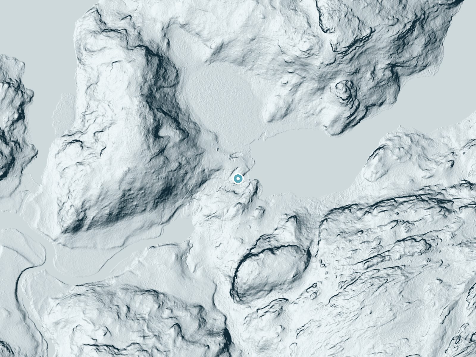 LiDAR bare-earth terrain around Loon Falls near Tower, Minnesota, showing about 35 feet of drop, a long cascade, facing west