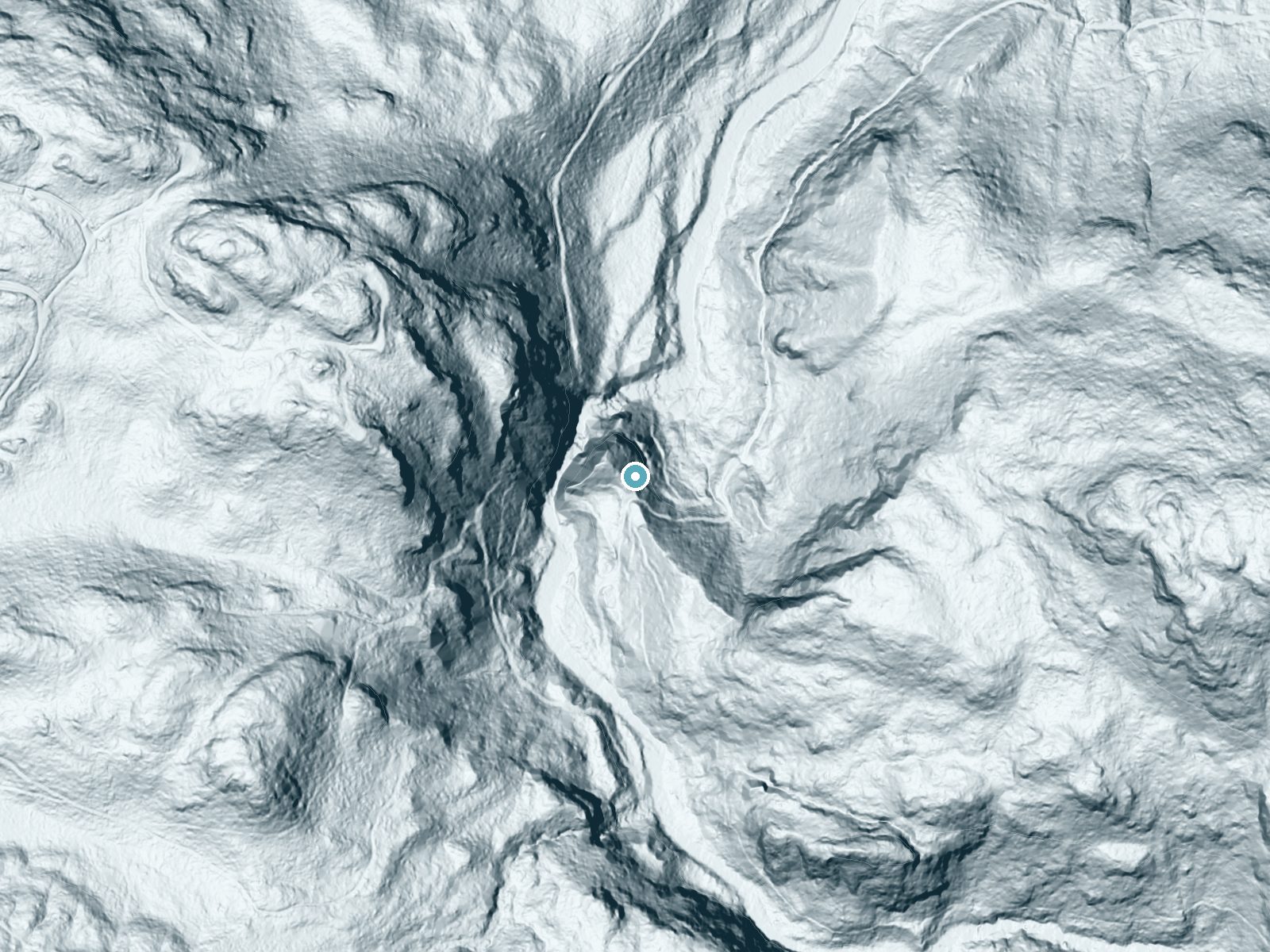LiDAR bare-earth terrain around Boulder Falls near Oso, Washington, showing about 230 feet of drop, a steep tiered drop, facing northeast