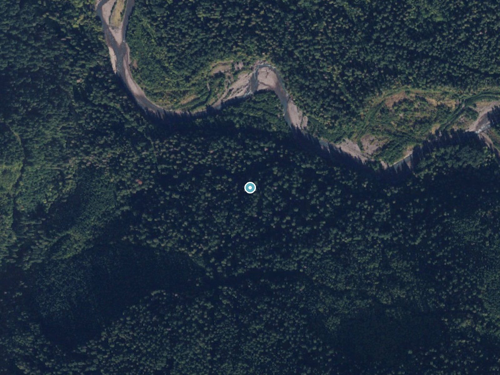 Aerial photo of the same ground around Gibson Falls near Darrington, Washington, for comparison with the lidar view
