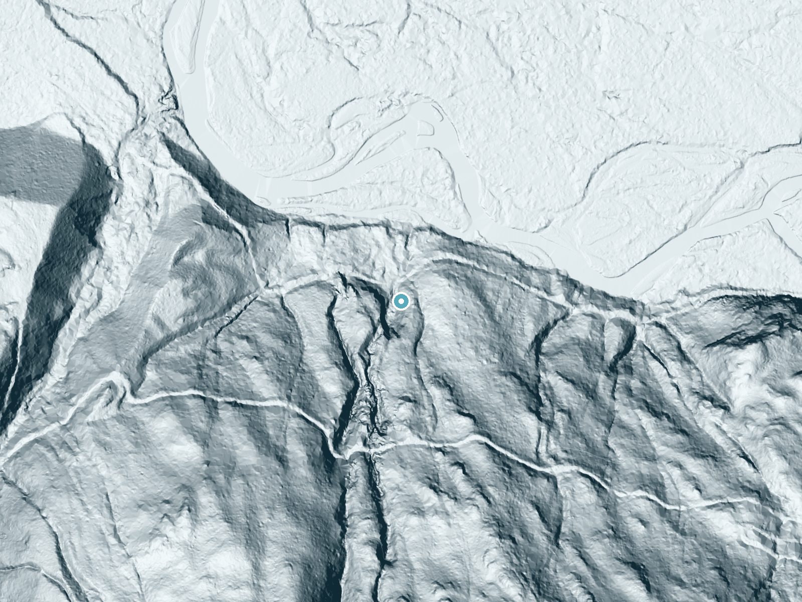 LiDAR bare-earth terrain around Gibson Falls near Darrington, Washington, showing about 231 feet of drop, a steep tiered drop, facing north