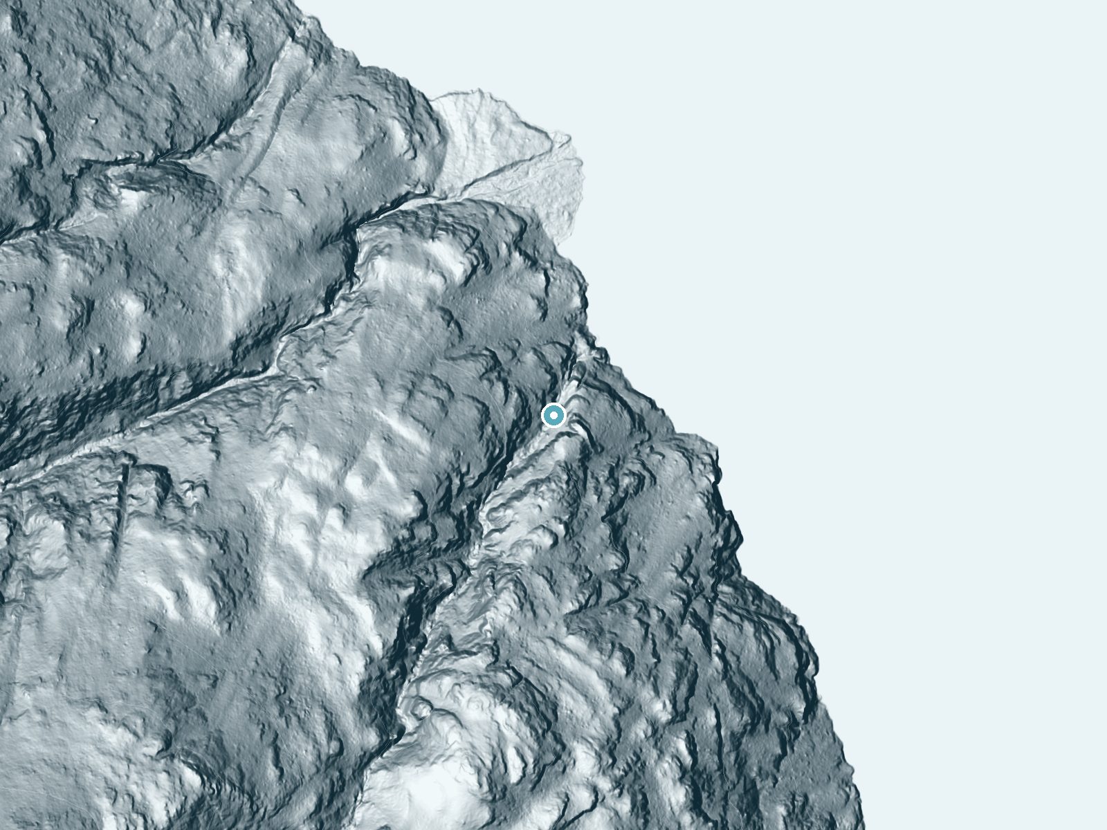 LiDAR bare-earth terrain around Bridal Veil Falls near Twisp, Washington, showing about 431 feet of drop, a steep tiered drop, facing northeast