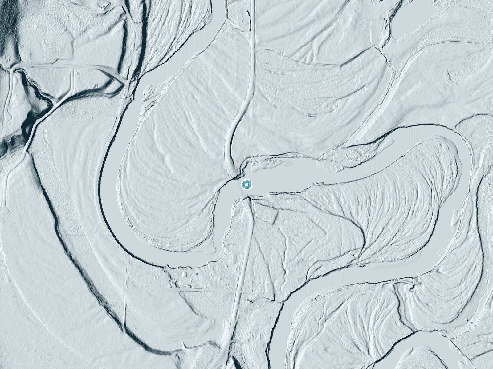 LiDAR bare-earth terrain around McAbee Falls near Priest River, Idaho, showing about 17 feet of drop