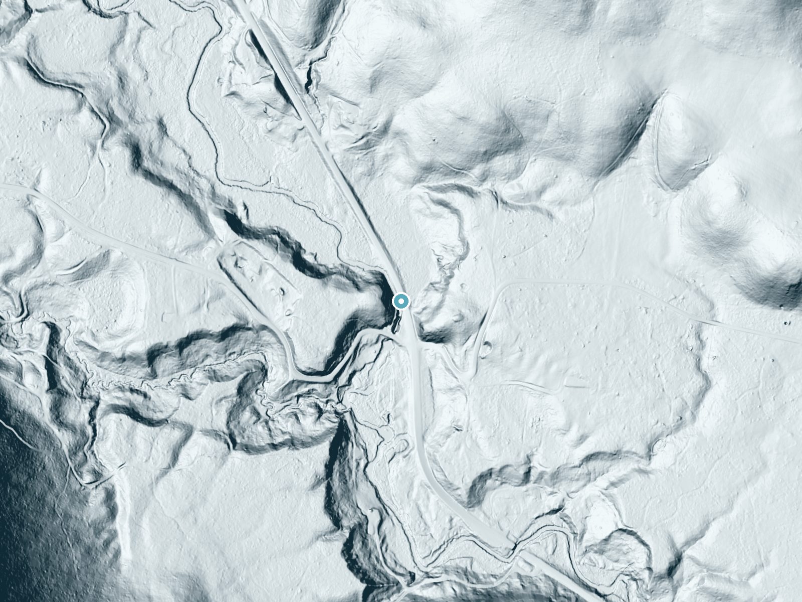 LiDAR bare-earth terrain around Torrelle Falls near Oldtown, Idaho, showing about 78 feet of drop, a steep tiered drop, facing east