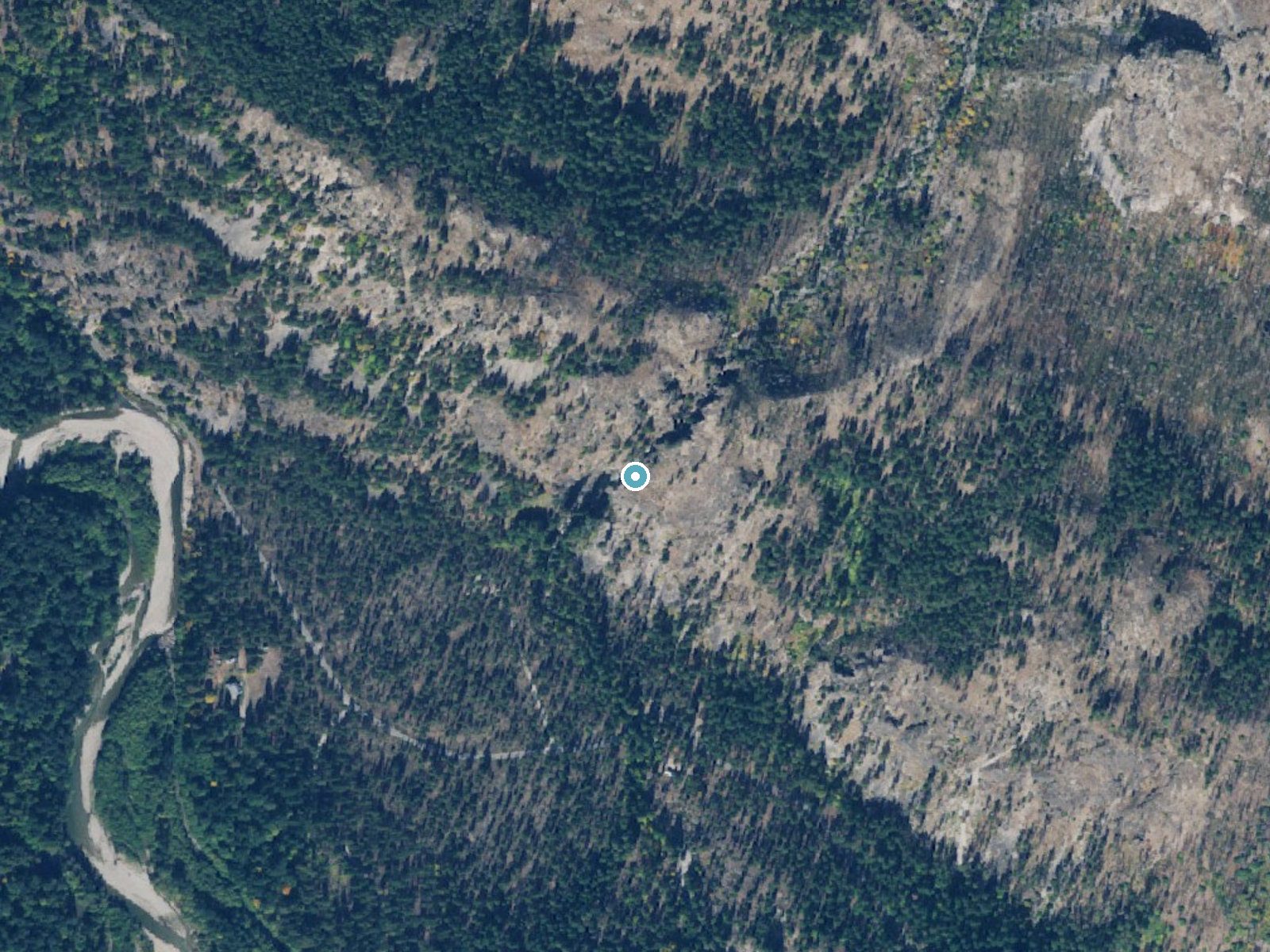 Aerial photo of the same ground around Rainbow Falls near Twisp, Washington, for comparison with the lidar view