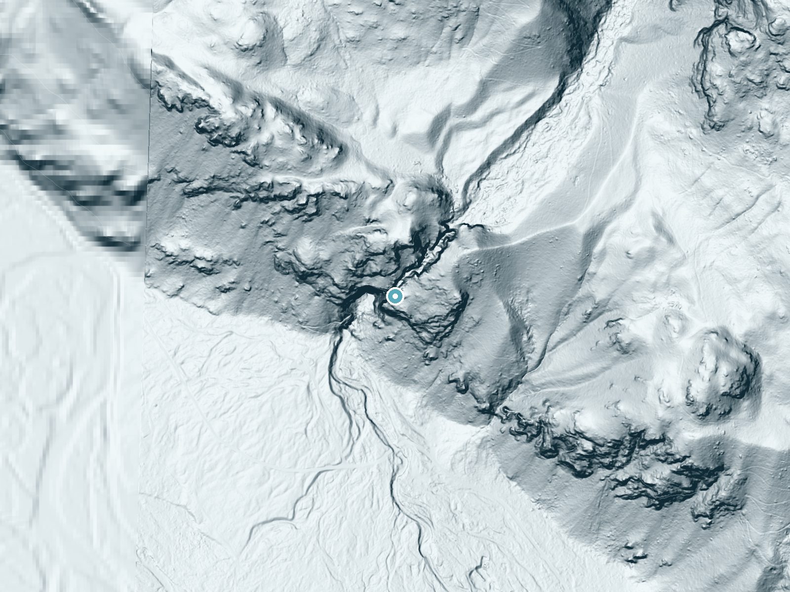 LiDAR bare-earth terrain around Rainbow Falls near Twisp, Washington, showing about 570 feet of drop, a single sheer drop, facing southwest