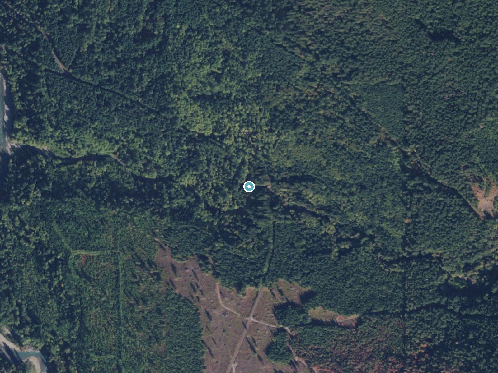 Aerial photo of the same ground around Teepee Falls near Marblemount, Washington, for comparison with the lidar view