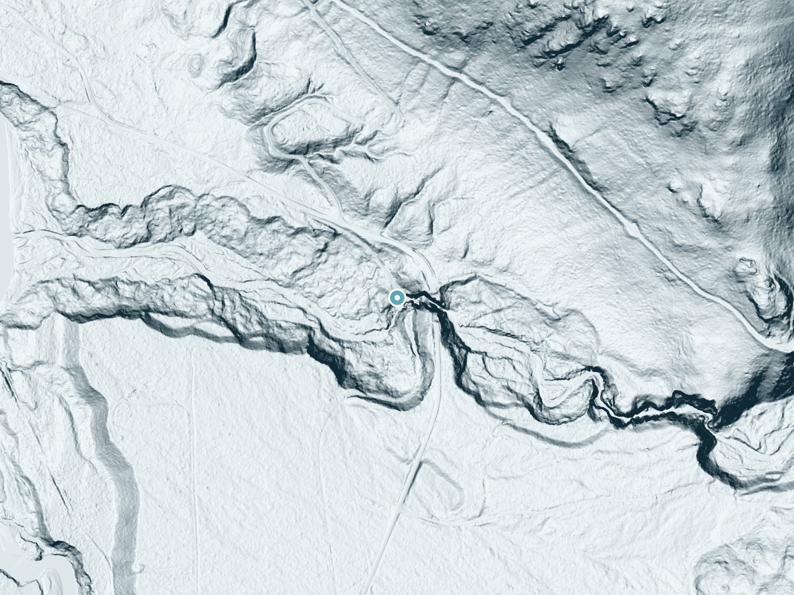 LiDAR bare-earth terrain around Teepee Falls near Marblemount, Washington, showing about 159 feet of drop, a steep tiered drop, facing southwest