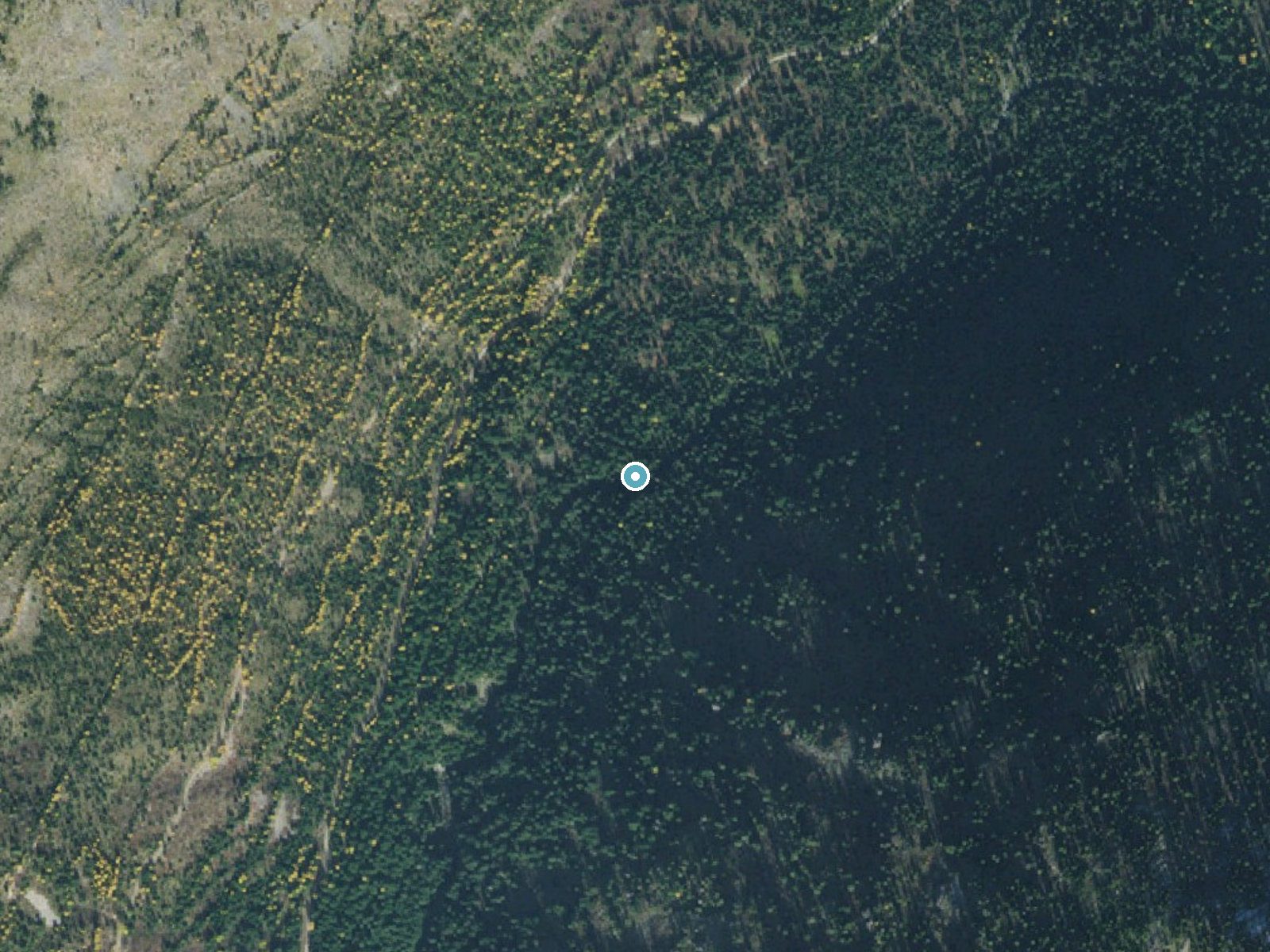 Aerial photo of the same ground around Char Falls near Clark Fork, Idaho, for comparison with the lidar view