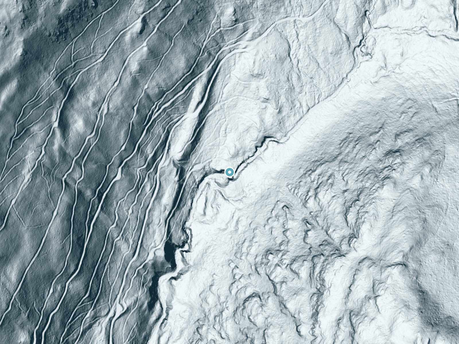LiDAR bare-earth terrain around Char Falls near Clark Fork, Idaho, showing about 102 feet of drop, a steep tiered drop, facing southwest