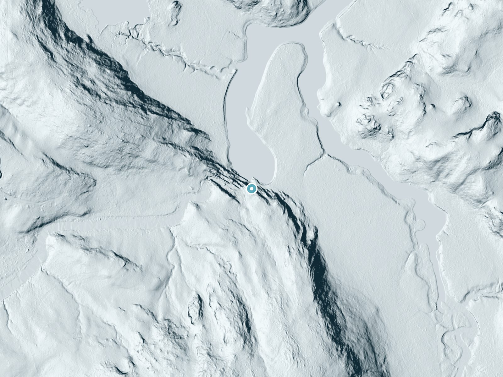 LiDAR bare-earth terrain around Ash River Falls near Orr, Minnesota, showing about 56 feet of drop, a long cascade, facing north