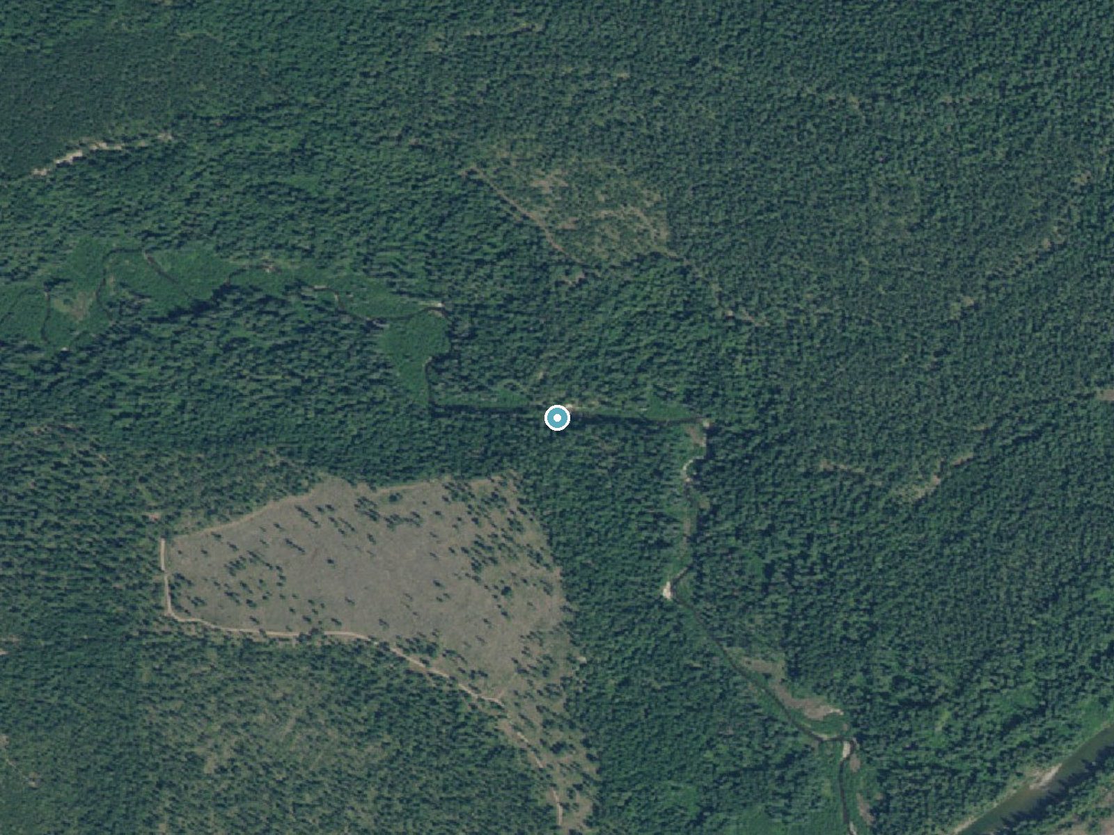 Aerial photo of the same ground around Mission Falls near Coolin, Idaho, for comparison with the lidar view