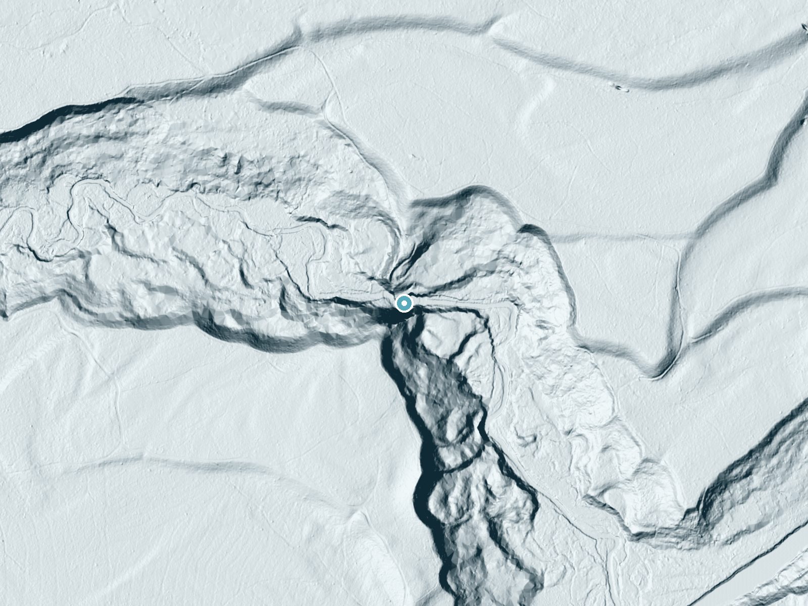 LiDAR bare-earth terrain around Mission Falls near Coolin, Idaho, showing about 135 feet of drop, a steep tiered drop, facing northeast