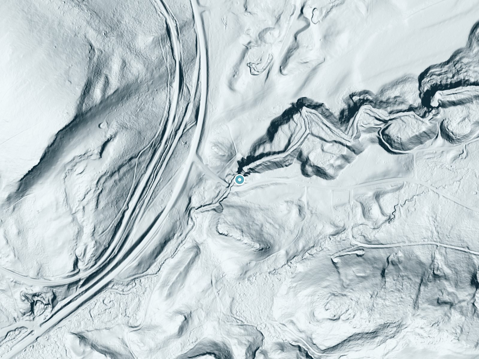 LiDAR bare-earth terrain around Dawson Falls near East Glacier Park Village, Montana, showing about 96 feet of drop, a long cascade, facing north