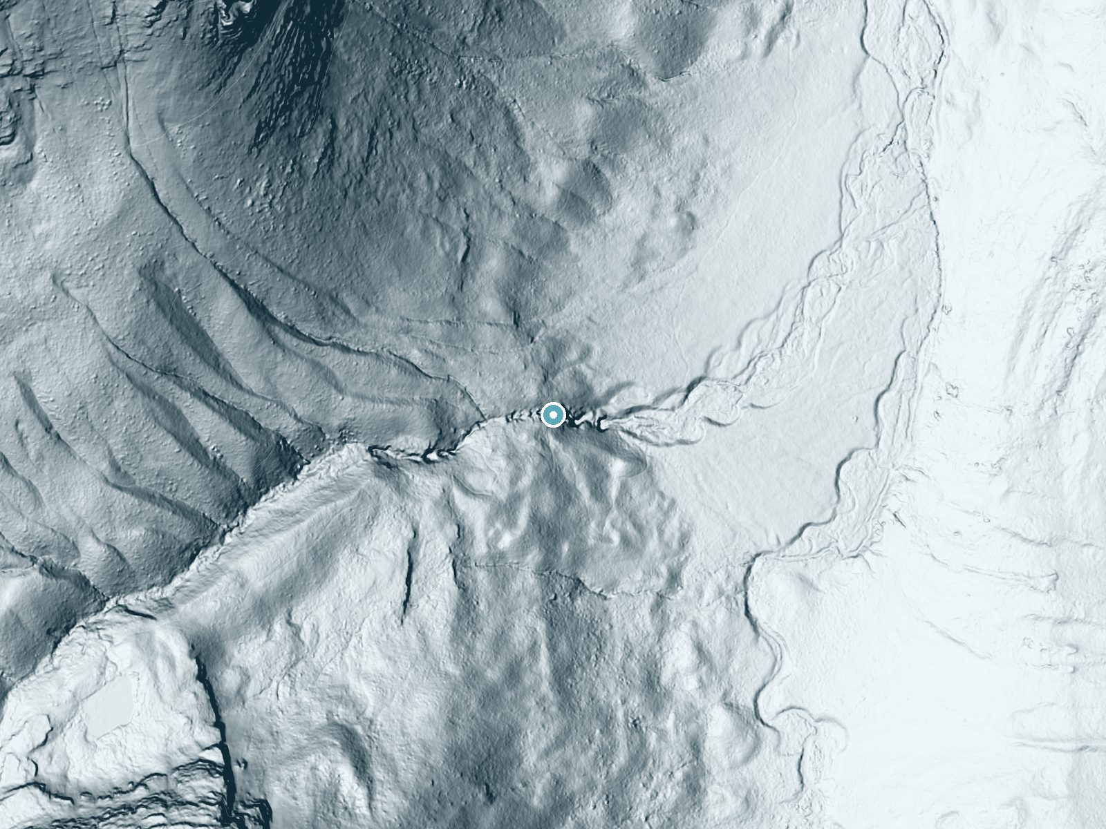 LiDAR bare-earth terrain around Rockwell Falls near East Glacier Park Village, Montana, showing about 190 feet of drop, a steep tiered drop, facing east
