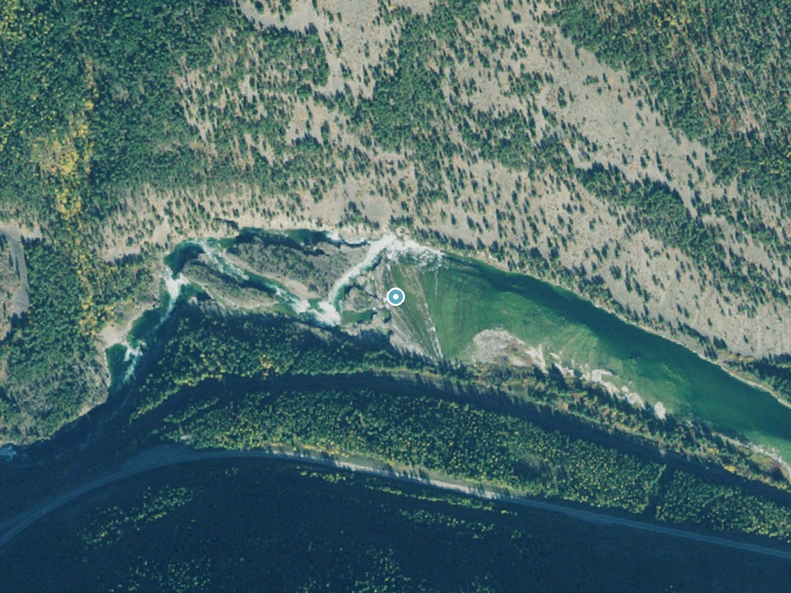 Aerial photo of the same ground around Kootenai Falls near Troy, Montana, for comparison with the lidar view