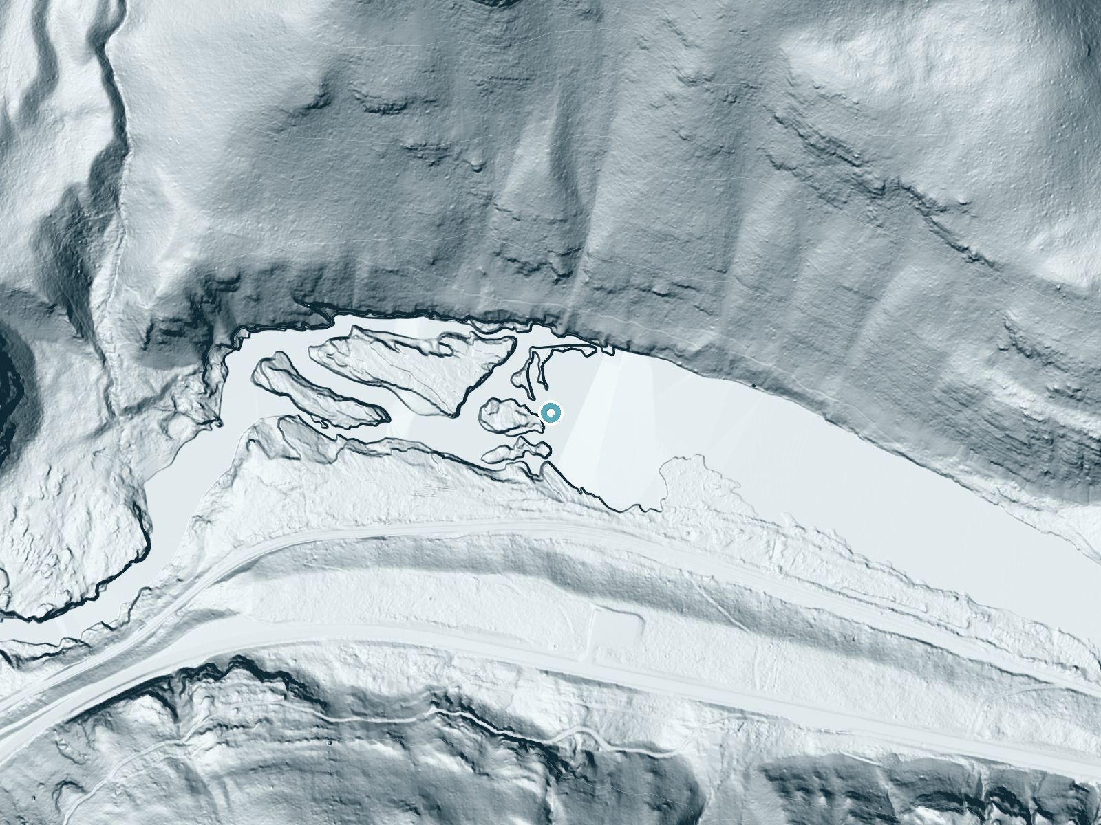 LiDAR bare-earth terrain around Kootenai Falls near Troy, Montana, showing about 36 feet of drop, a steep tiered drop, facing northeast