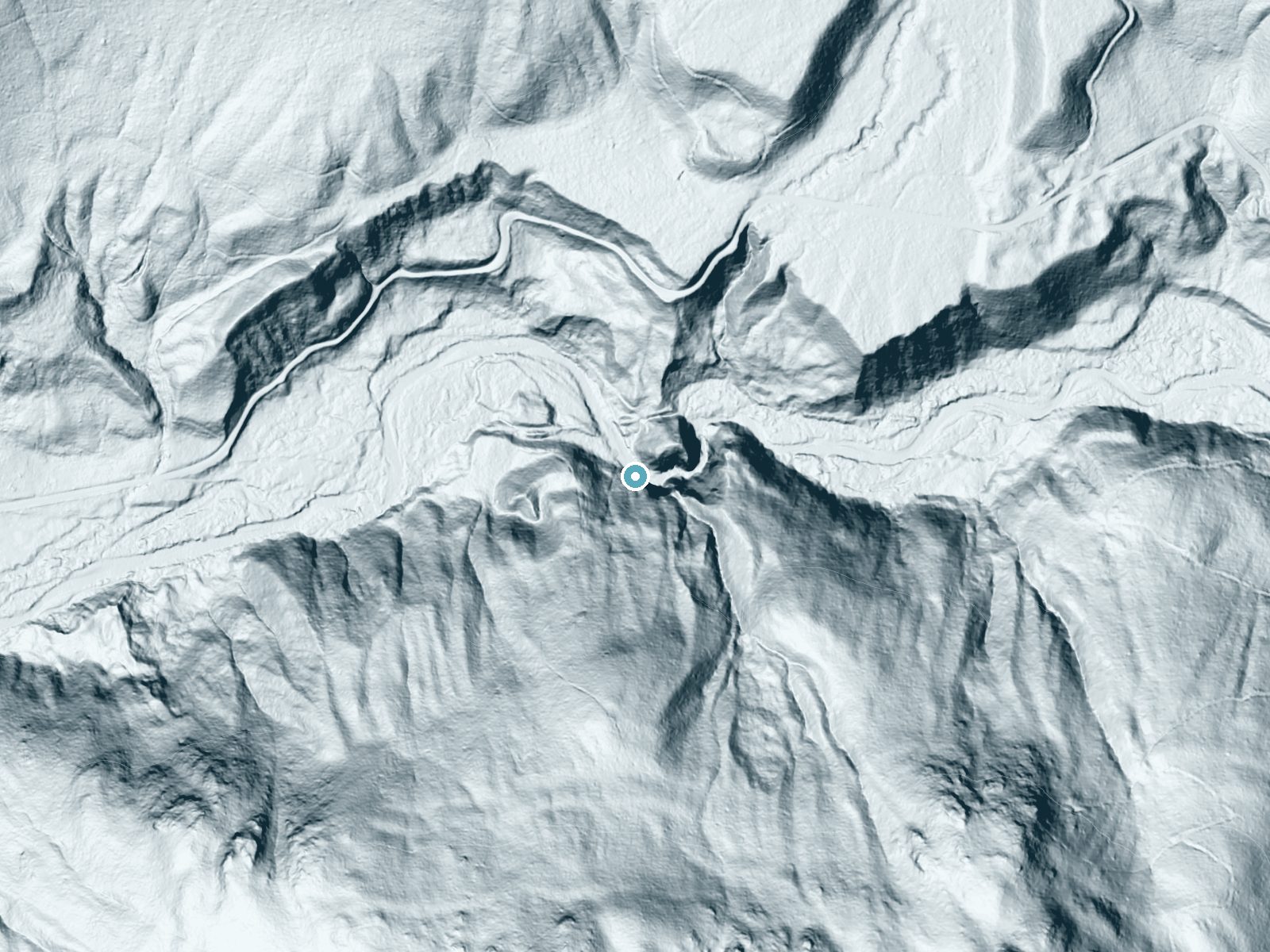LiDAR bare-earth terrain around Grouse Creek Falls near Hope, Idaho, showing about 174 feet of drop, a steep tiered drop, facing north